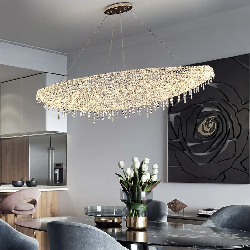 Contemporary Crystal Chandelier Featuring Boat-Inspired Elements for Rectangular Dining Islands